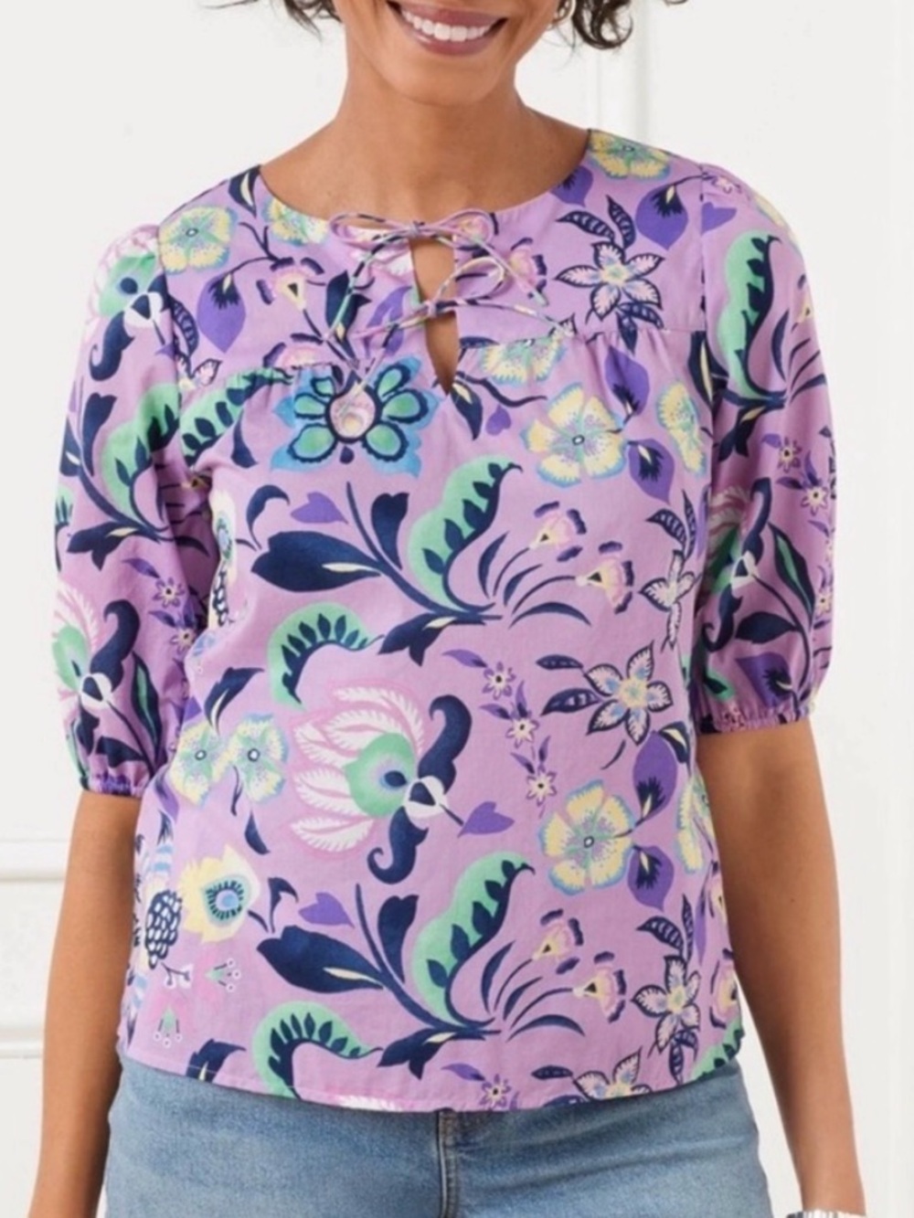NWT, Talbots Cotton Short Sleeve Tie Front Top, Lavender Jacobean Floral, Size L - Picture 2 of 13